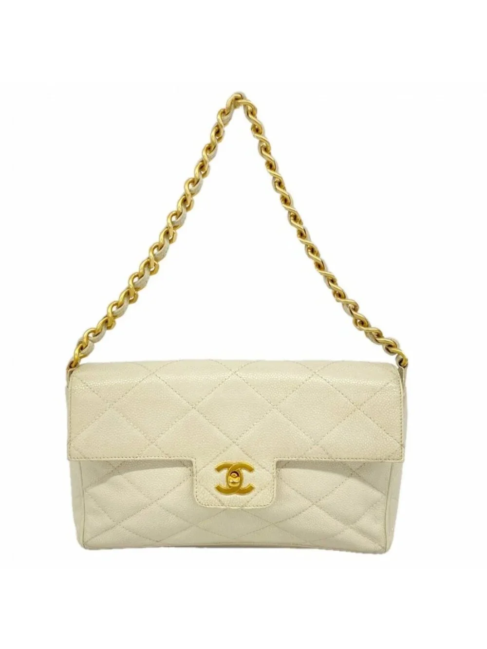 Chanel Handbag Quilted Caviar Leather White Gold